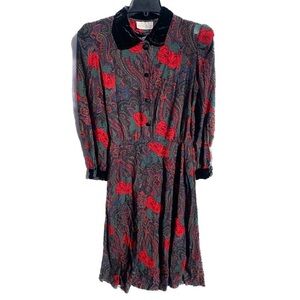 Vintage Plaid Paisley Rose Green and Red Maxi Dress with Velvet Cuffs and Collar